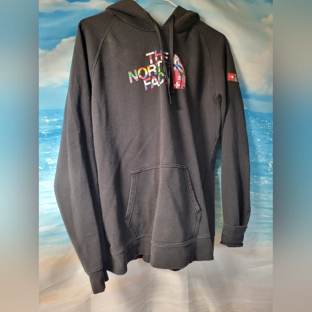 The North Face Black‎ Hoodie Sweatshirt Flag Theme Logo Women's Size Large